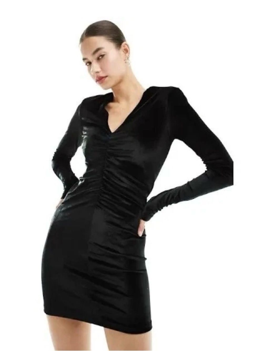 All Saints Anya Black Velvet Ruched V-Neck Long-Sleeve Mini Dress Size 42/10